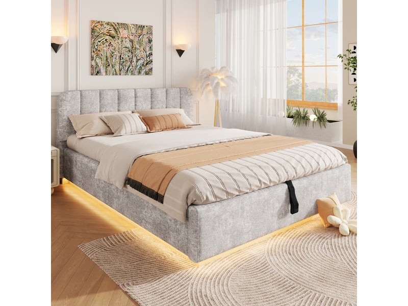  Lit coffre 140x200 cm - lit double rembourré avec coffre hydraulique, bande led et sommier,tissu chenille gris clair evarich - Conforama B