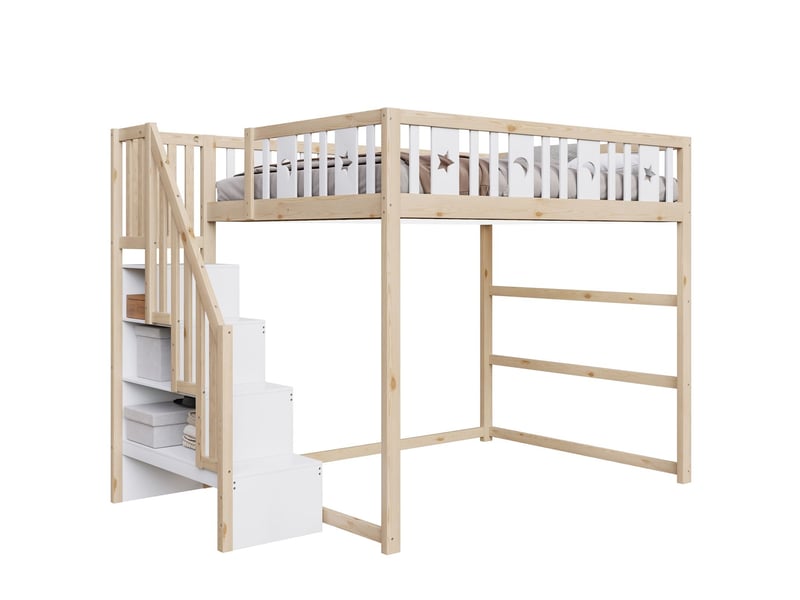  Lit mezzanine 140x200 cm bois massif pin, escalier avec étagères - lit double - décor étoiles et lune, espace libre, sécurisé, blanc  - Conforama E