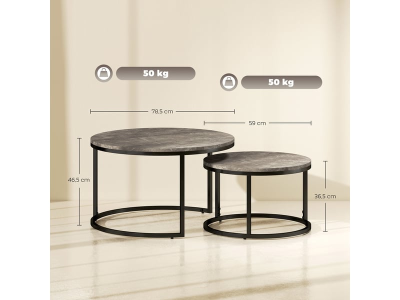  Lot de 2 tables basses gigognes empilable design industriel plateau imitation ciment pieds en métal gris  - Conforama C