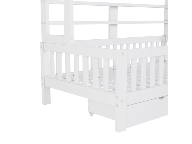  Lit cabane enfant 90x200 cm, lit au sol, tiroirs de rangement, barrière de sécurité, éclairage led, support à lattes stable, pin blanc OPULERANE TRADING LTD - Conforama E