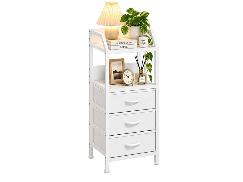 Table de chevet 40x30x75 cm trois tiroirs tissu etagere ouverte blanc pur moderne  - Conforama A