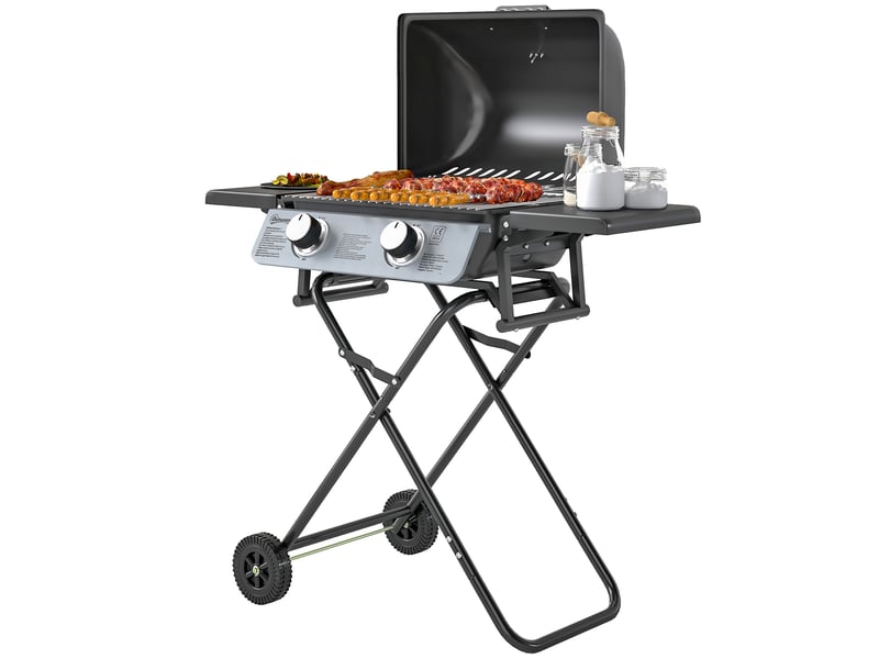  Barbecue gaz transportable, 2 brûleurs 5,6 kw, barbecue gaz de camping avec étagères latérales thermomètre et roues, noir  - Conforama B