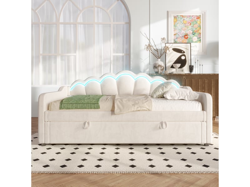  Lit de repos 90x200 en velours beige, canapé-lit avec coffre et éclairage led, 98x214x87cm  - Conforama B