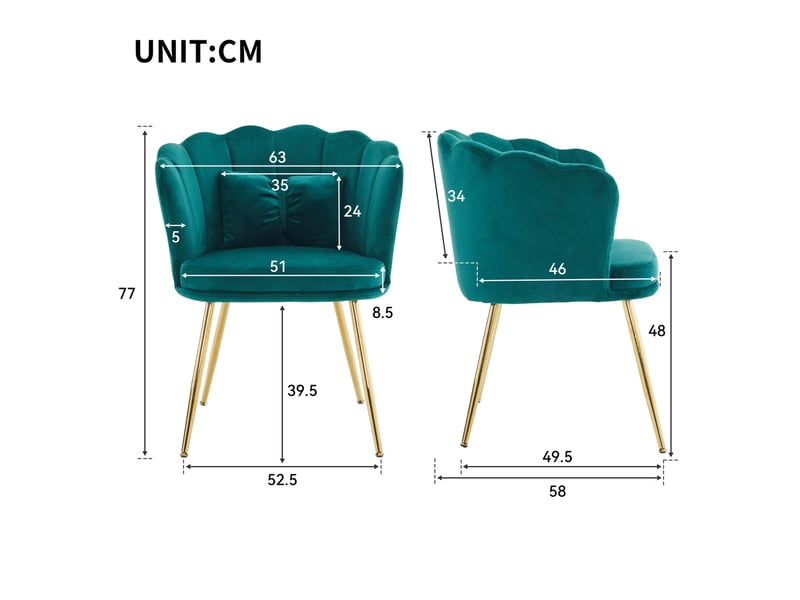  Lot de 2 fauteuils en velours à dossier pétale, avec coussins de soutien et pieds en métal doré verts  - Conforama D