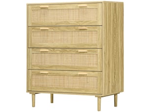 Commode 4 tiroirs meuble de rangement façade tissage en rotin style bohème dim. 90l x 45p x 108,5h cm aspect bois clair