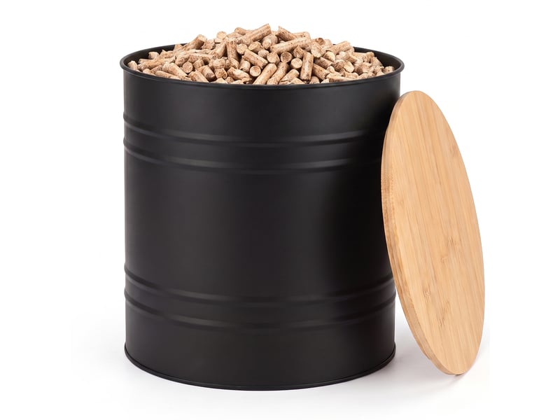  Casabel réservoir pellets &amp; granulés rond, cap. 15kg, métal noir, couvercle bambou, compact &amp; élégant, pour poêle  - Conforama A