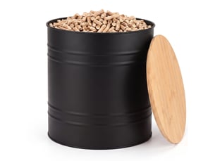 Casabel réservoir pellets & granulés rond, cap. 15kg, métal noir, couvercle bambou, compact & élégant, pour poêle