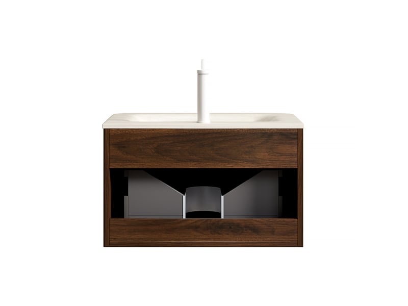 Meuble sous vasque avec tiroir led et vasque intégrée en pierre frittée pour salle de bain, beige et noyer, 68×54×49 cm - Conforama E