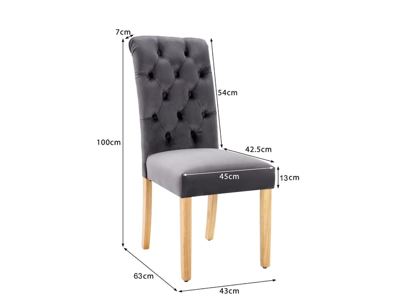  Chaise de salle à manger, lot de 6, gris velours avec pieds en chêne et détails boutonnés  - Conforama E
