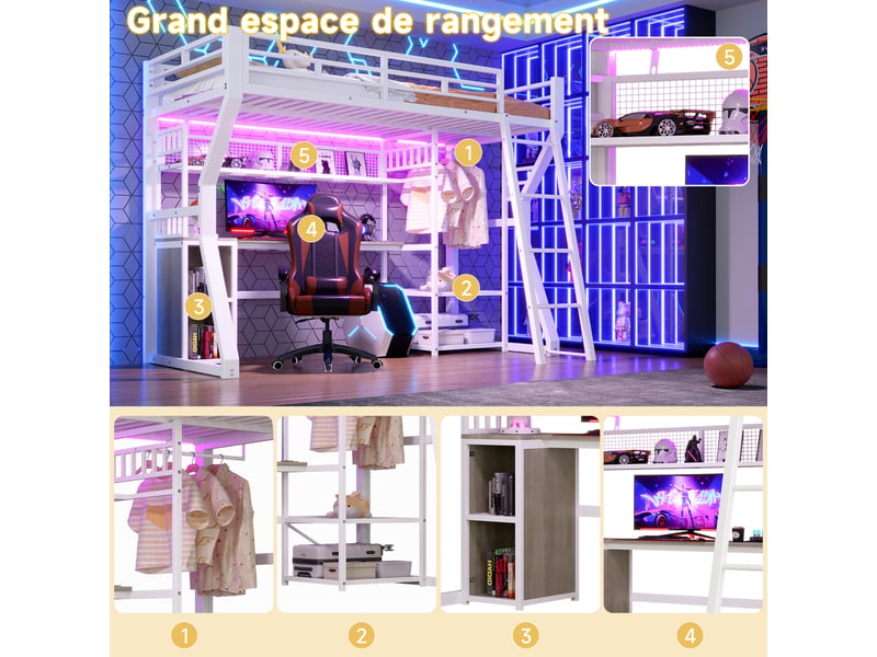  Lit mezzanine 90 x 200 cm avec rangements intégrés, bureau intégré, éclairage led, en mdf et métal – blanc, matelas non inclus  - Conforama E