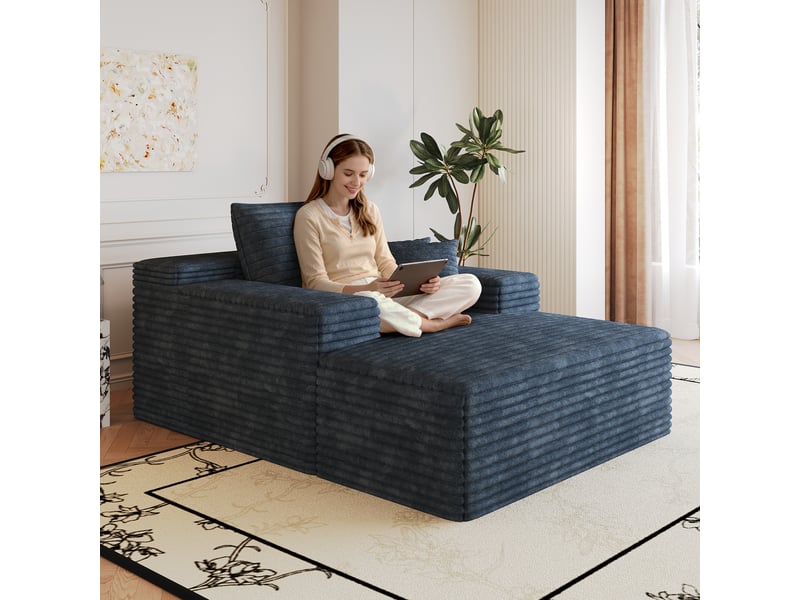 Canapé modulable bleu en velours côtelé, méridienne assise profonde sans montage, canapé mousse 115x159cm - Conforama E