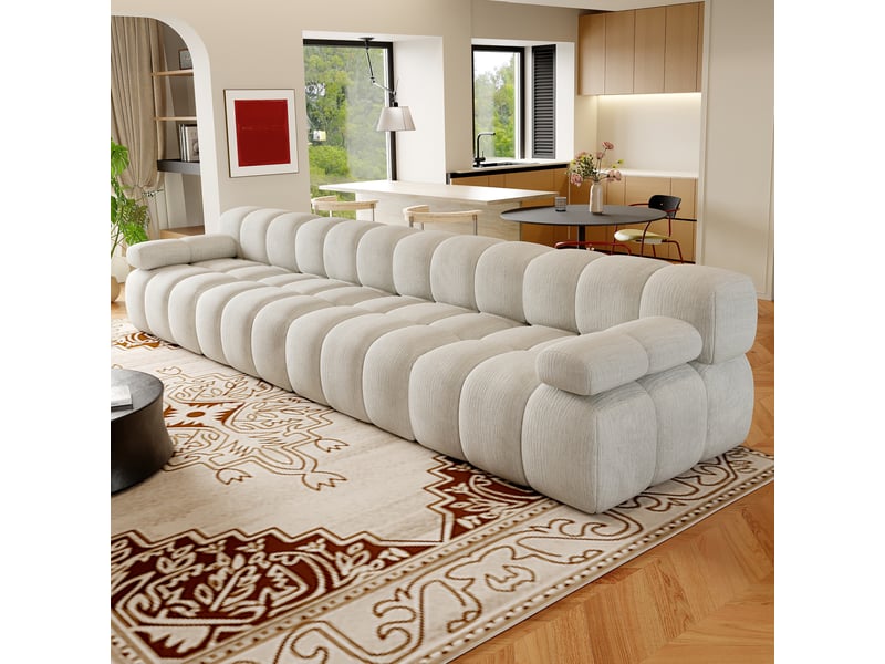  Canapé droit compressé 4 places 400x100x68 cm en mousse douce et tissu chenille couleur blanc, moderne  - Conforama E