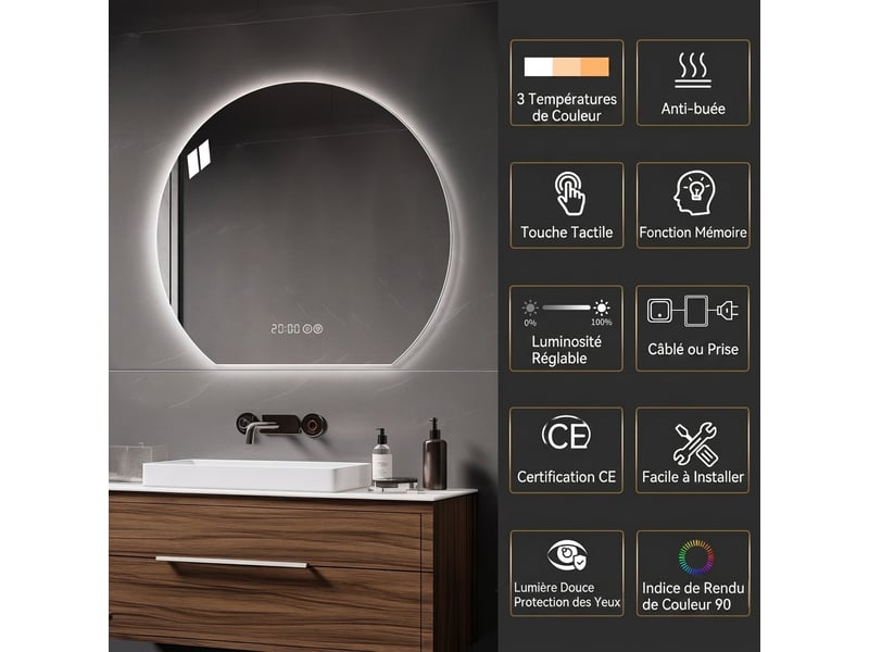  Miroir de salle de bain led rond 80 cm, affichage intelligent et anti-buée  - Conforama C
