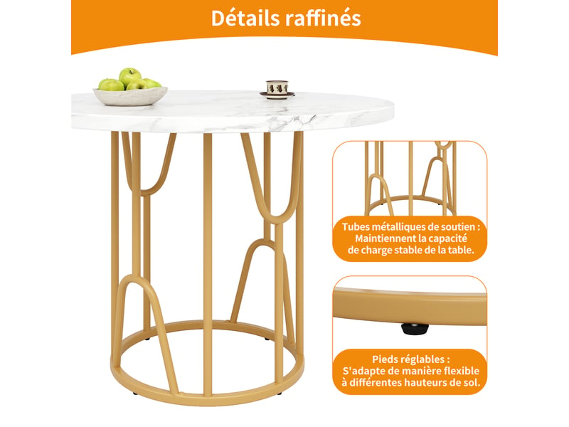 Table à manger d80xh76cm, table ronde, plateau en mdf avec motif de marbre, pied en métal, style design, blanc+doré - Conforama R