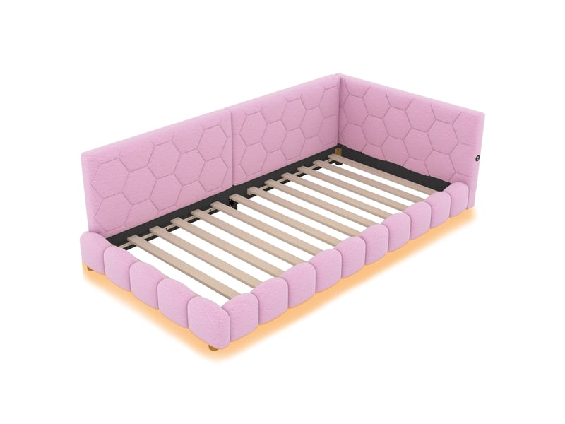 Lit banquette rose 90x200 cm avec led 16 couleurs, usb-c et sommier à lattes - Conforama D