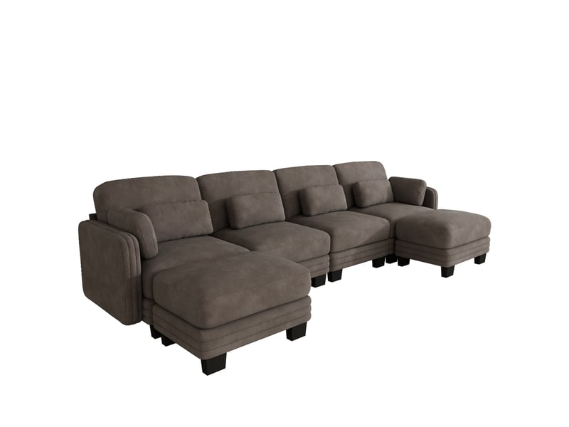  Canapé d'angle modulaire 4 places avec 2 ottomans en chenille marron 330x143x88 cm  - Conforama D