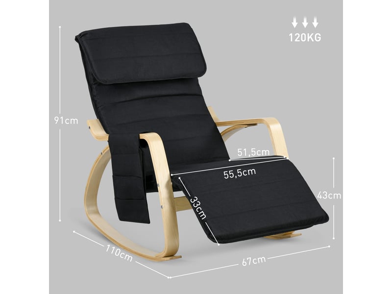  Fauteuil de relaxation avec repose-pieds, lin, 67x110x91cm, noir  - Conforama E