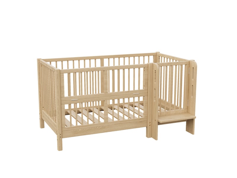  Lit bébé évolutif 70x140 cm – lit  70x140 - avec barrière de sécurité rabattable, porte à verrou et marchepied intégré - pin massif - naturel  - Conforama A
