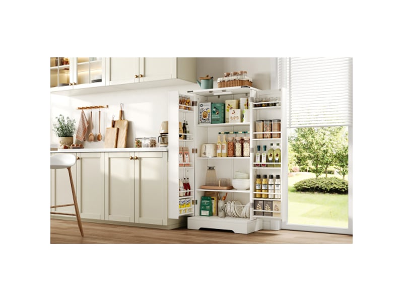  Armoire de salle à manger 128,5 cm - style ferme, led, 2 portes, étagères réglables, blanc relief  - Conforama D