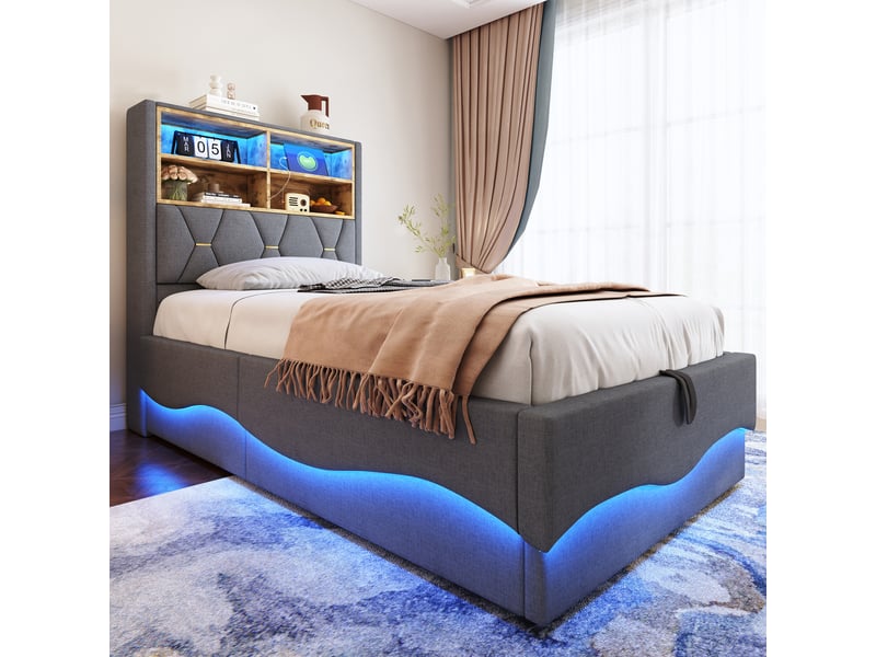  Lit coffre rembourré 90 x 200 cm, coffre à relevage hydraulique, éclairage led, commande par application, ports usb, tissu effet lin, gris ABC - Conforama E