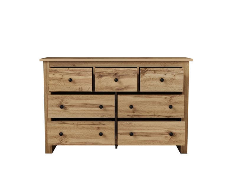  Commode rétro 7 tiroirs avec rangement pour chambre et salon, 152x40x89 cm, bois foncé  - Conforama E