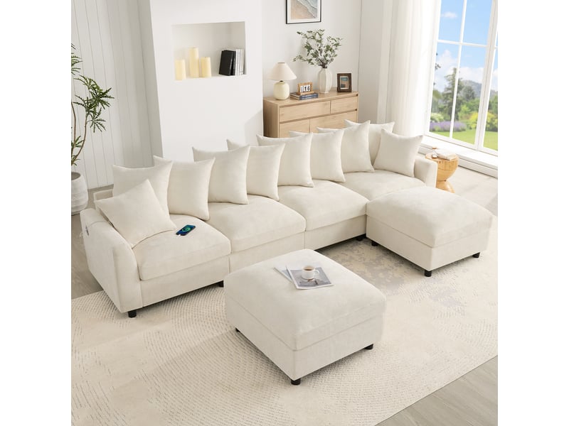  Canapé d'angle, canapé modulable, 6 places, en chenille, beige, repose-pieds, pour salon et séjour, usb  - Conforama E