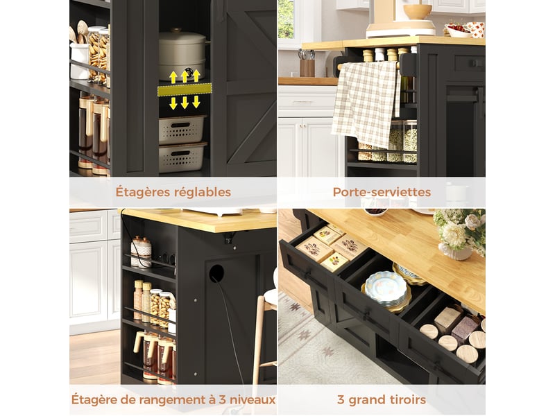 Îlot de cuisine 130x5080x87cm avec 3 tiroirs, porte coulissantes et prises usb, rangement, mdf, noir et bois - Conforama D