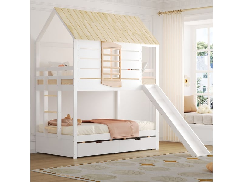  Lit superposé 90x200 cm - avec toboggan et 2 tiroirs - lit superposé enfant - forme maison, pin massif, blancnaturel  - Conforama A