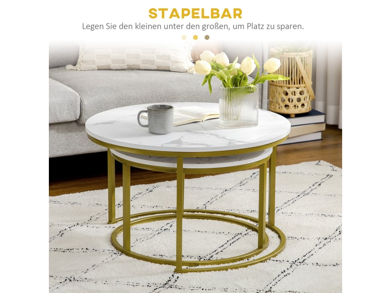  Tables basses gigognes rondes avec plateaux effet marbre et structure en acier doré pour salon  - Conforama C