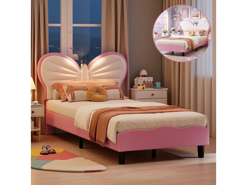  Lit enfant pour une fille 90x200 - sommier à lattes + liseuse + dossier rembourré - tête de lit réglable - 1 personne - lit fille 90x200cm avec led - lit enfant rembourré avec sommier à lattes - tête de lit réglable en papillon …  - Conforama W