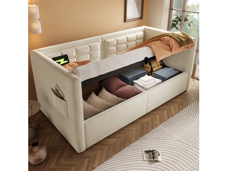 Lit banquette coffre 90x200 cm en velours beige avec usb et type-c - Conforama D