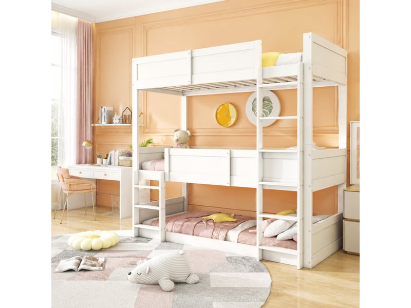  Lit superposé triple enfant 200×90 cm modulable, avec barrières hautes, en pin, contreplaqué et mdf blancs  - Conforama B