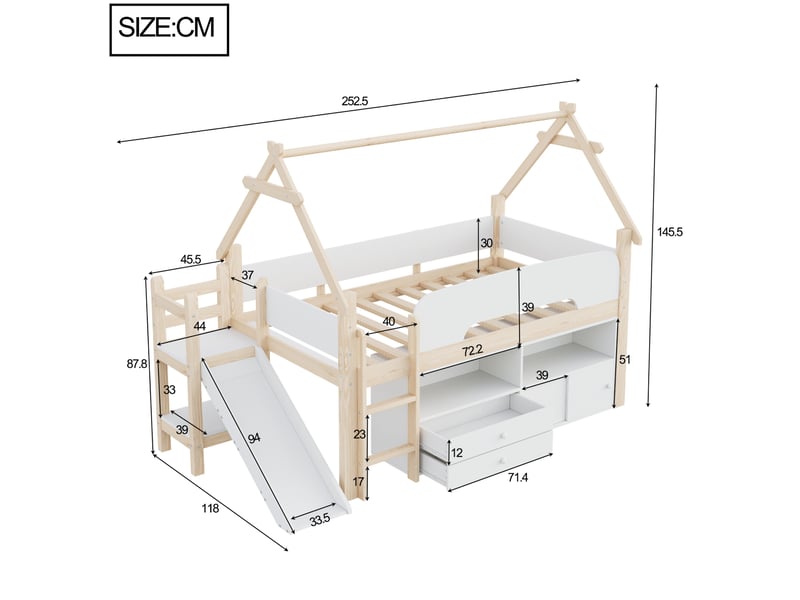  Lit mezzanine enfant 90 x 200 cm avec toboggan blanc naturel  - Conforama C
