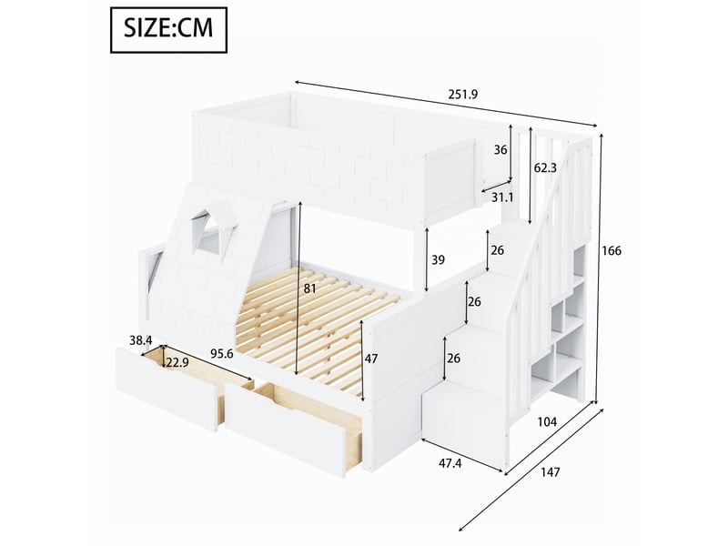  Modenvie lit superposé enfant 90x200140x200 cm - escalier avec rangement, 2 tiroirs - blanc  - Conforama C