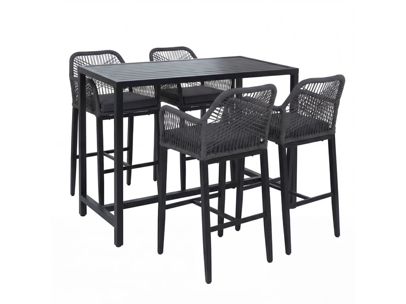 Ensemble table de bar + 4 tabourets de bar hwc-p91, chaise de bar, table haute, coussin d'assise d'extérieur, tressage en corde, métal ~ anthracite  - Conforama A