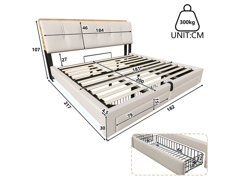  Lit coffre 180x200 cm beige en lin avec led, usb et usb-c  - Conforama C