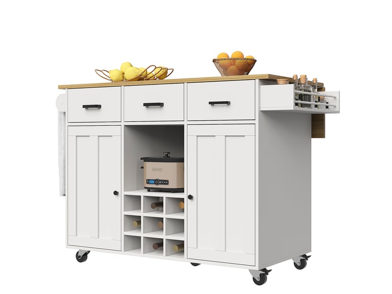  Îlot de cuisine 124x40x85.3cm, desserte avec 2 portes, 3 tiroirs, casier à vin, plateau pliable, mdf blanc  - Conforama A