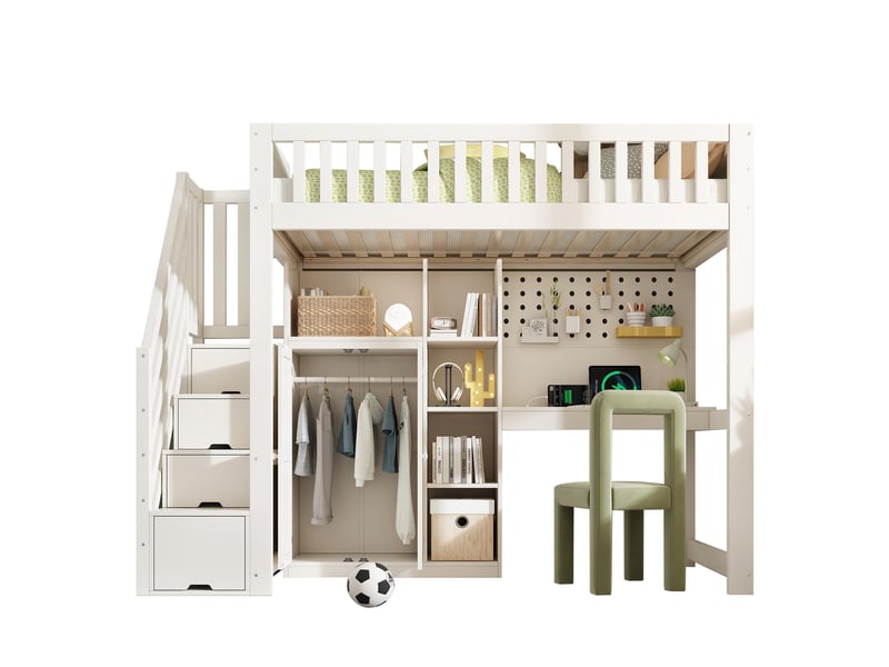 Lit mezzanine enfant 90x200 cm, bureau intégré, armoire intégrée, usb et usb-c, sommier à lattes, gain de place pour chambre - blanc - Conforama A