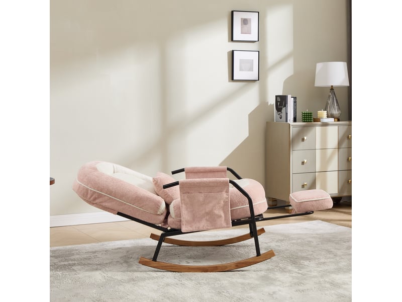 Rocking-chair avec dossier inclinable et repose-pieds coulissant, coussin et poches latérales en fausse fourrure rose - Conforama D