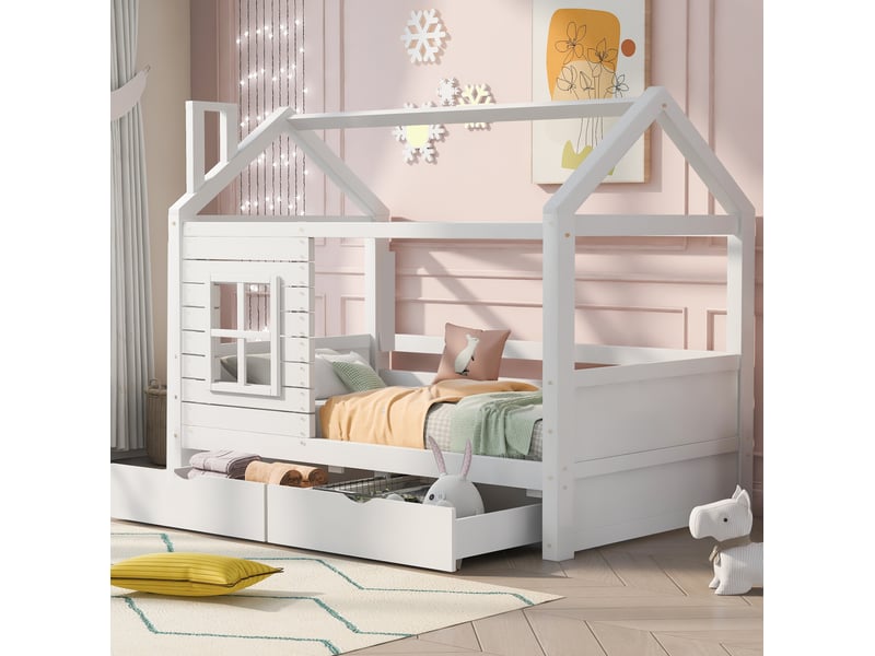  Modenvie lit cabane enfant 90x200 cm - avec tiroirs de rangement, sommier inclus, sans matelas - blanc  - Conforama B