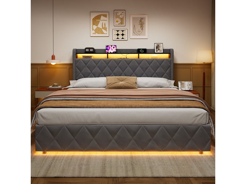 Lit 180 × 200 cm en velours, lit 2 places pour avec coffre de rangement hydraulique, led, couleur gris, sans matelas - Conforama E