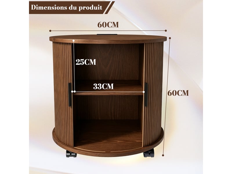  Table de chevet cylindrique mid-century avec station de charge, noyer, rangement mobile 60cm  - Conforama C