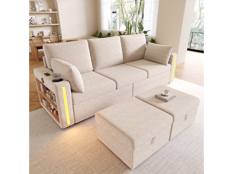 Canapé modulaire u ou l 5 places avec 2 poufs, led, usb et type-c - lpospi - rangements, velours côtelé beige - Conforama C
