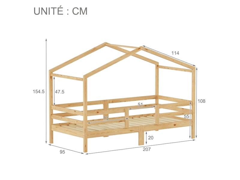  Lit cabane enfant 90x200 en pin massif - barrière de sécurité et sommier inclus  - Conforama C