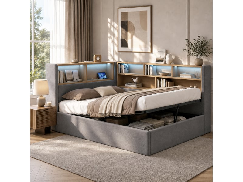 Lit avec rangement 140 x 190 cm gris en velours avec led, usb et type-c  - Conforama C