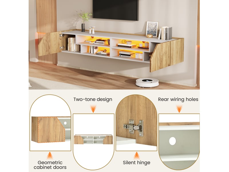  Meuble tv mural 180x36,5x40 cm, led rgb bluetooth, 6 rangements, mdf et panneaux de particules, blanc naturel  - Conforama D