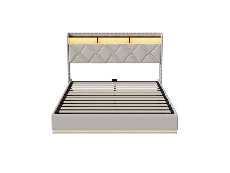 Lit coffre 140x200 cm, lit simple avec led rgb et ports usb, cadre de lit capitonné en tissu lin avec tête de lit de rangement, beige - Conforama D