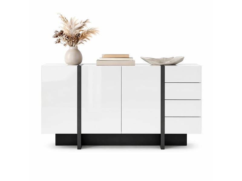  Buffet 2 portes 4 tiroirs avec grande capacité de rangement - lpospi - fermeture douce, finition brillante, mdf blanc et noir 150 × 40 × 80,5 cm  - Conforama A