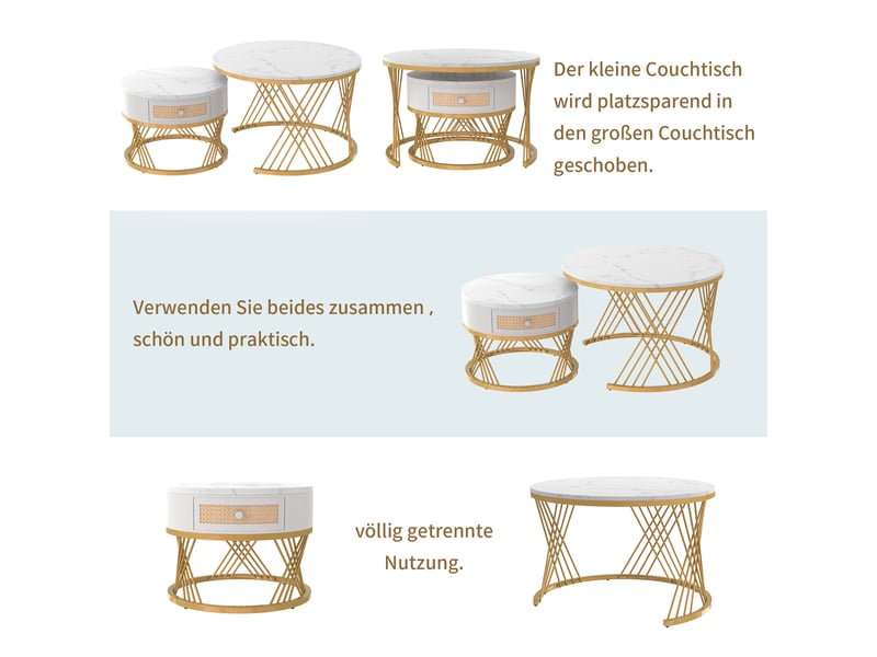  Tables basses gigognes rondes avec 1 tiroir, plateau effet marbre et pieds métalliques dorés en mdf blanches pour salon  - Conforama E