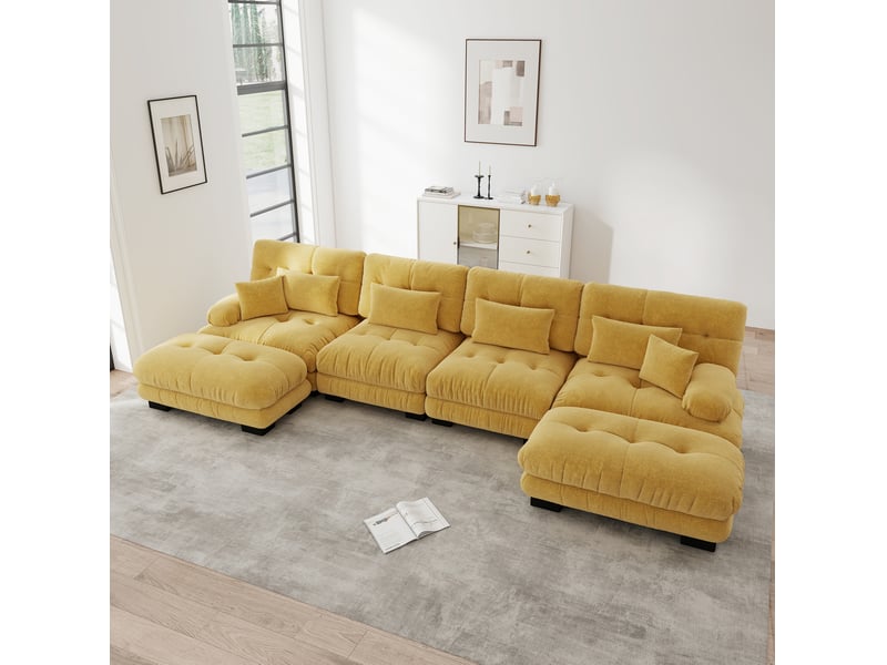  Canapé d'angle modulable ulevr 4 places en u avec poufs mobiles, chenille jaune, 406 x 145 x 81 cm  - Conforama E